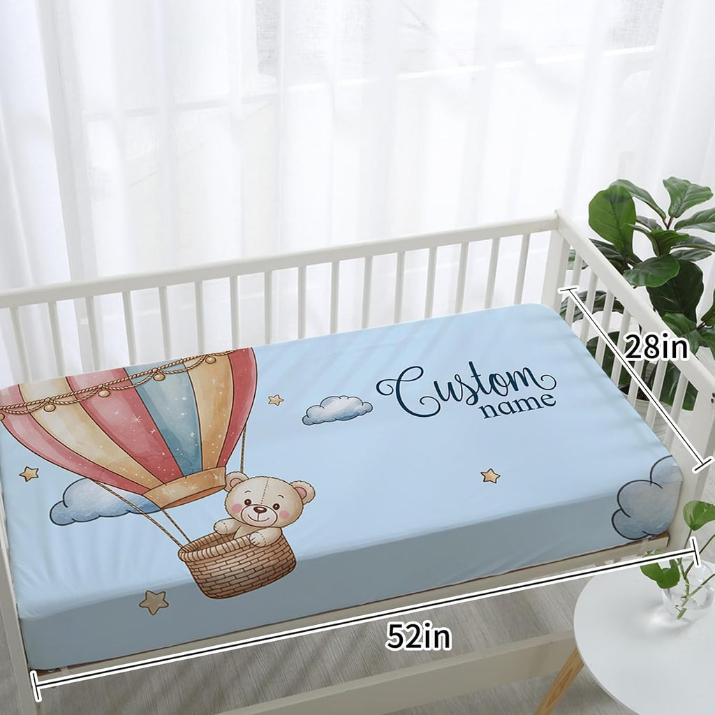 Personalized Crib Bedding Set for Baby Boys Girls, Custom Name Baby Crib Sets 5-Pcs - Toddler Double Layer Blanket Fitted Sheet Changing Pad Cover Rug Wall Art Set, Hot Air Balloon Theme Nursery Décor