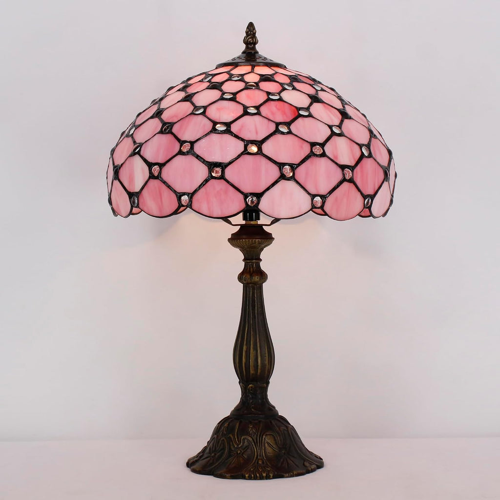 Tiffany Lamp Touch Control Table Lamp Pink Bead Style Stained Glass Desk Light 12X12X19 Inches Reading Light for Bedroom Living Room Home Decor Gift