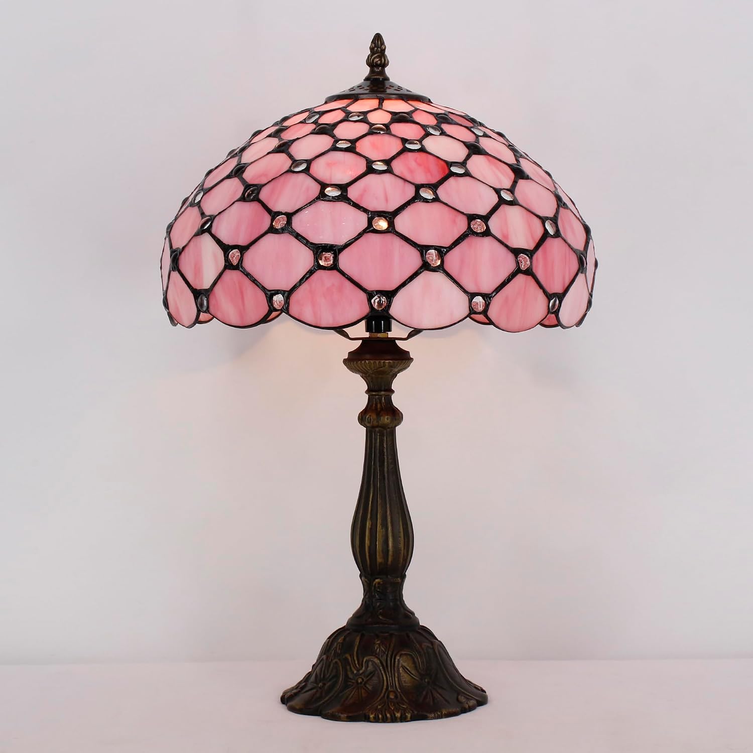Tiffany Lamp Touch Control Table Lamp Pink Bead Style Stained Glass Desk Light 12X12X19 Inches Reading Light for Bedroom Living Room Home Decor Gift