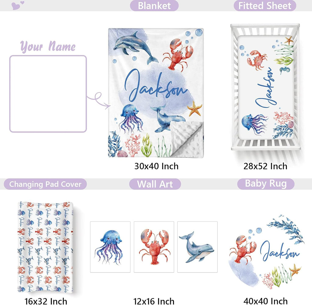 Personalized Baby Crib Bedding Set, 5 Pcs Custom Name Nursery Bedding Set for Girls Boys, Ocean Animals Baby Crib Set for Toddlers Infants, Double Layer Bedding Crib Sets Customized Gifts