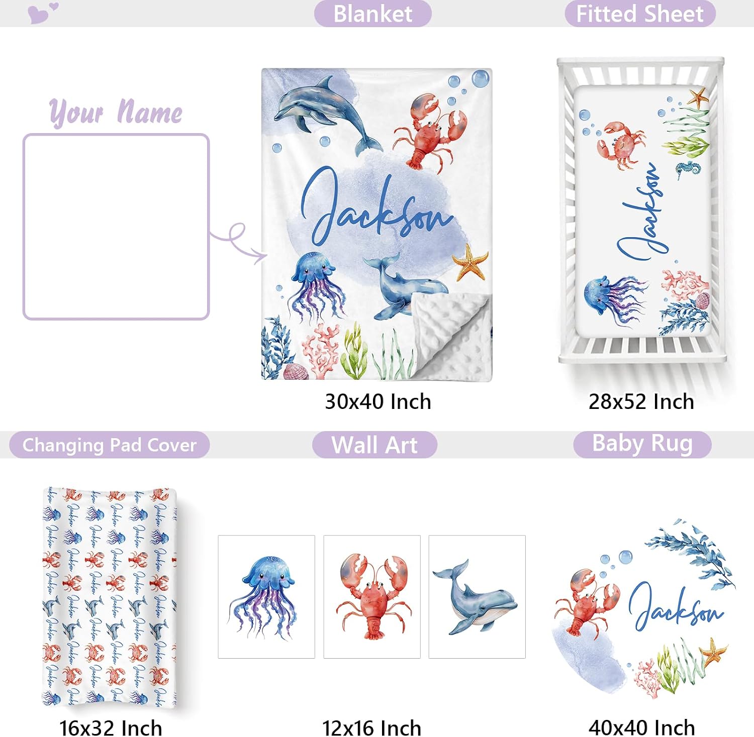 Personalized Baby Crib Bedding Set, 5 Pcs Custom Name Nursery Bedding Set for Girls Boys, Ocean Animals Baby Crib Set for Toddlers Infants, Double Layer Bedding Crib Sets Customized Gifts