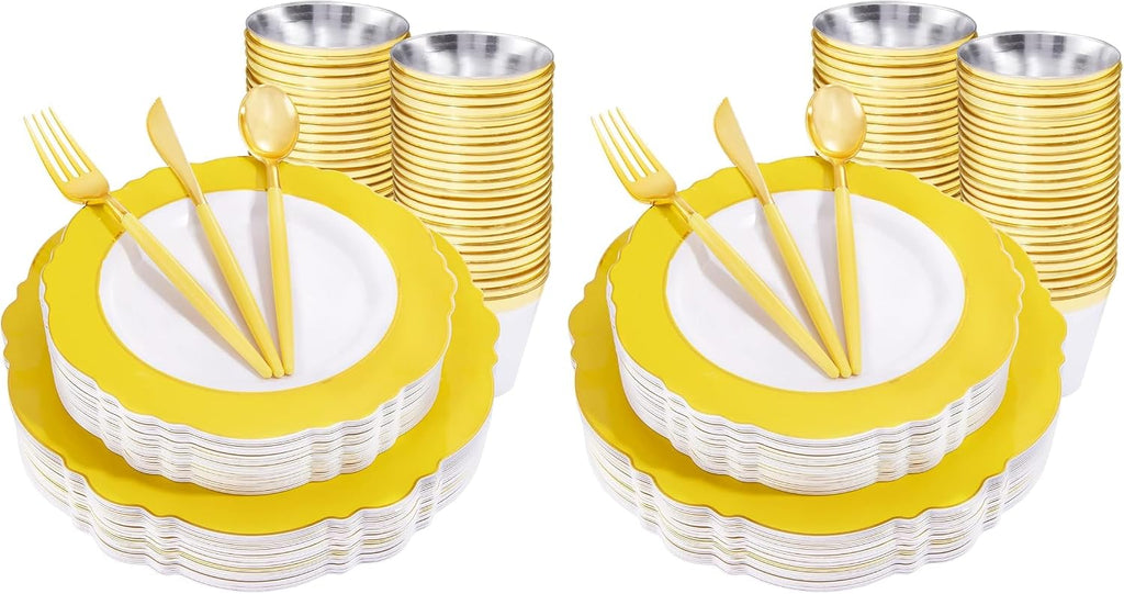 WDF 150pieces Yellow Disposable Dinnerware Hign-end Baroque Design - Sturdy&Durable Baroque Yellow Sunshine&Gold Plastic Dinnerware for Upscale Wedding & Thanksgiving Parties (Pack of 2)