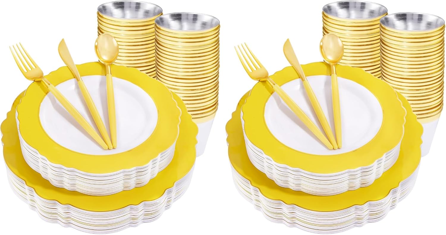WDF 150pieces Yellow Disposable Dinnerware Hign-end Baroque Design - Sturdy&Durable Baroque Yellow Sunshine&Gold Plastic Dinnerware for Upscale Wedding & Thanksgiving Parties (Pack of 2)