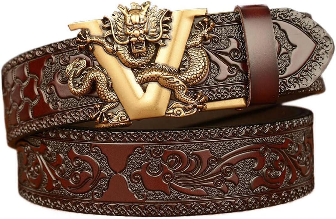 Mens Ratchet Leather Belt, Genuine Leather belts, Engraved Vintage Dragon Eagle Tiger Buckle, Business leisure belt