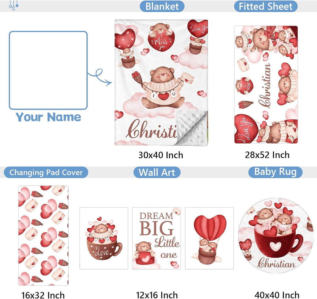 KAINSY Custom Crib Bedding Set 5 Piece for Girls Boys – Personalized Heart Bear Theme, Newborn Sleep Set, Nursery Decor, Toddler Room Essentials, Infant Sleep, Baby Room Accessories, Baby Gift
