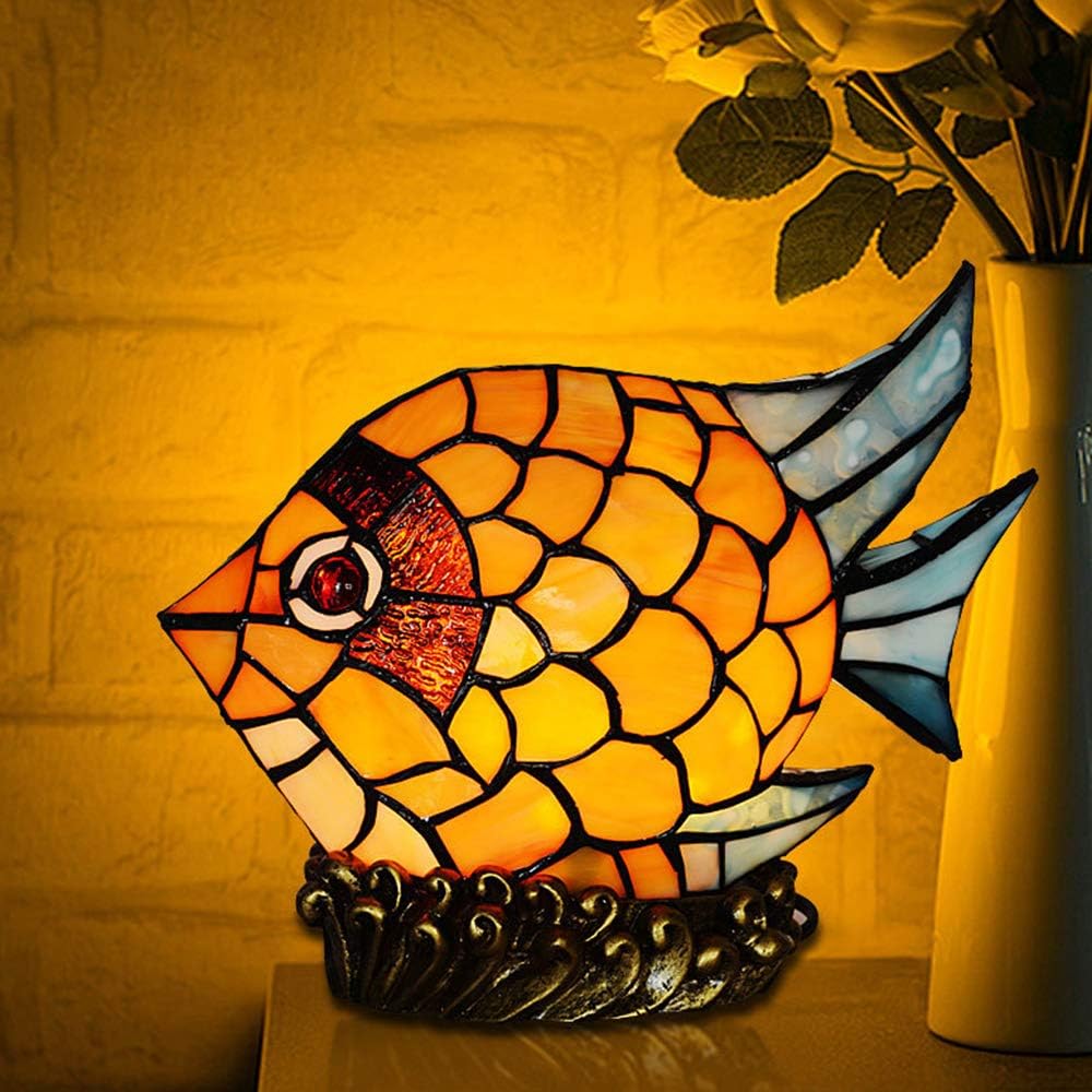 Lighting Fish Desk Light Tiffany 15W Plug in Table Lamp 1 Light Cute Stained Glass Animals Night Light in Yellow for Girls Bedroom Kid's Room
