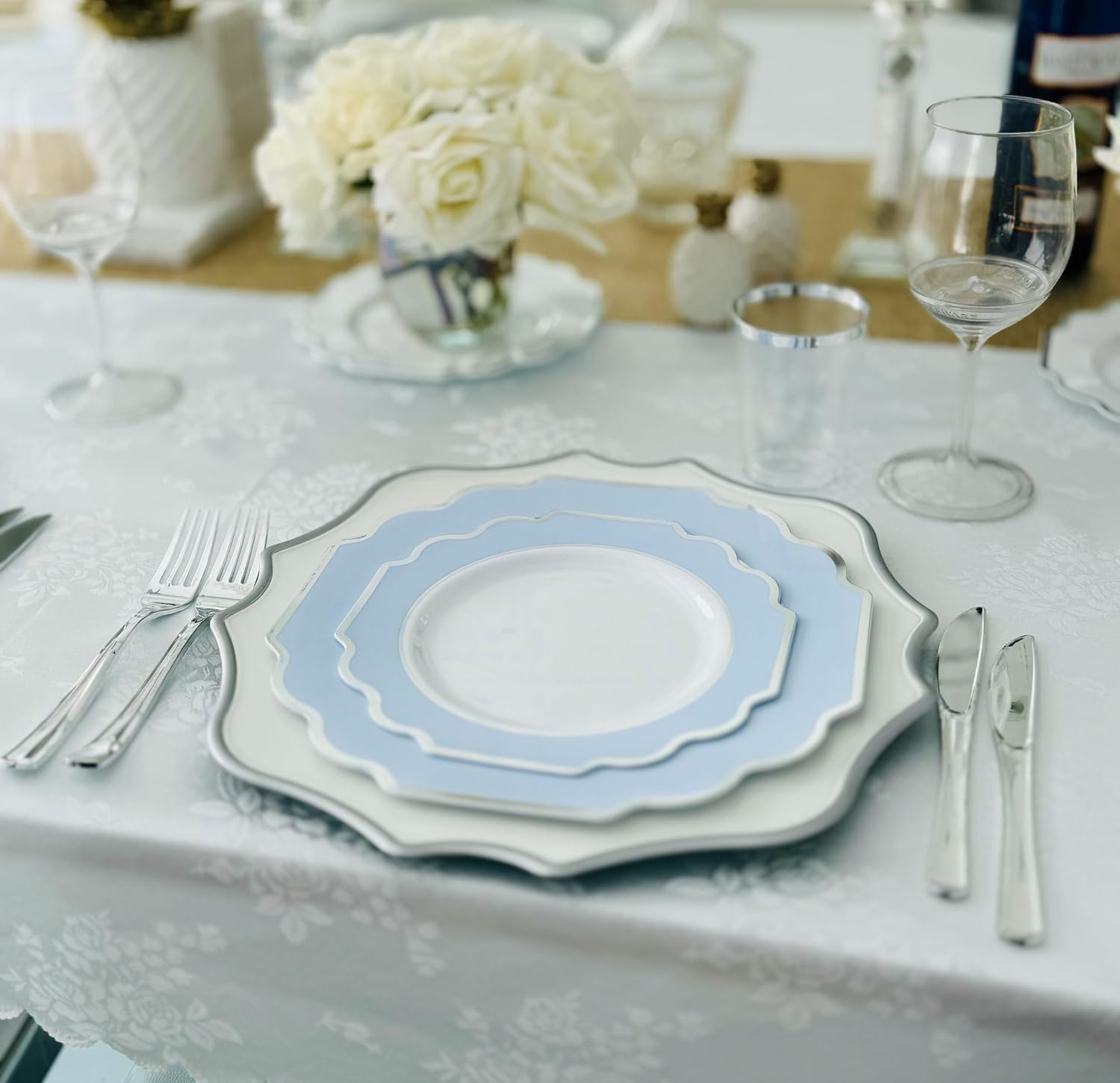 OCCASIONS 960-Piece Disposable Dinnerware Set for 120 – Heavy Duty Plates, Silverware, Cups, Napkins – Party Supplies-Imperial Blue & Silver