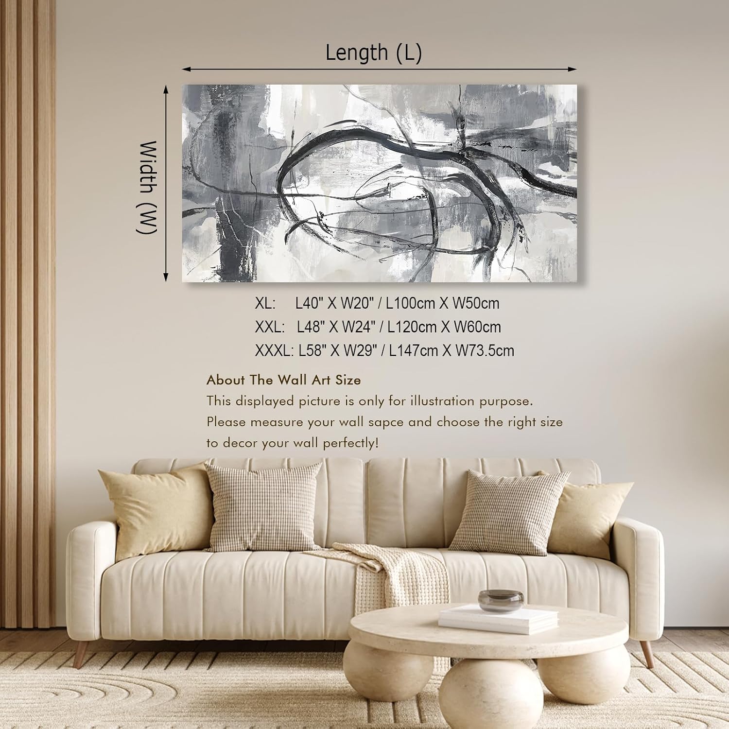 Shoci Large Abstract Wall Art - Black Gray White Canvas Picture for Living Room Modern Ink Lines Painting Print Decor Contemporary Artwork Wall Art for Bedroom Kitchen Home Office Decoration 29' X 58'
