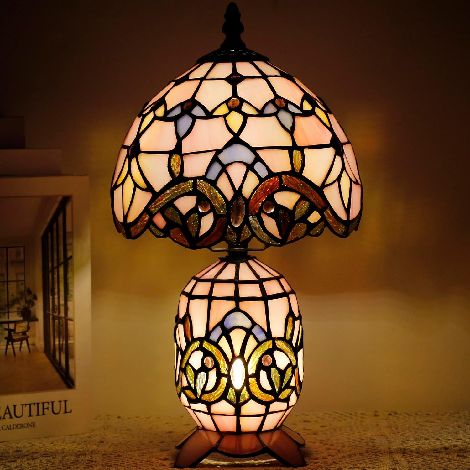 Small Tiffany Lamp Stained Glass Table Lamp Mini Mother Daughter Vase Desk Accent Light for Bedroom Bedside Reading Home Antique Style Decor 8X14 Inches (Pink Baroque)