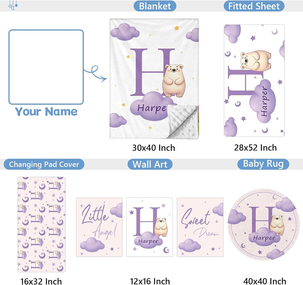 KAINSY Custom Crib Bedding Set, 5 Pcs Personalized Name Monogram Baby Crib Sets for Infants Toddlers, Purple Bear Nursery Bedding Set for Boys Girls, Soft Flannel Baby Bedding Sets Customized Gifts