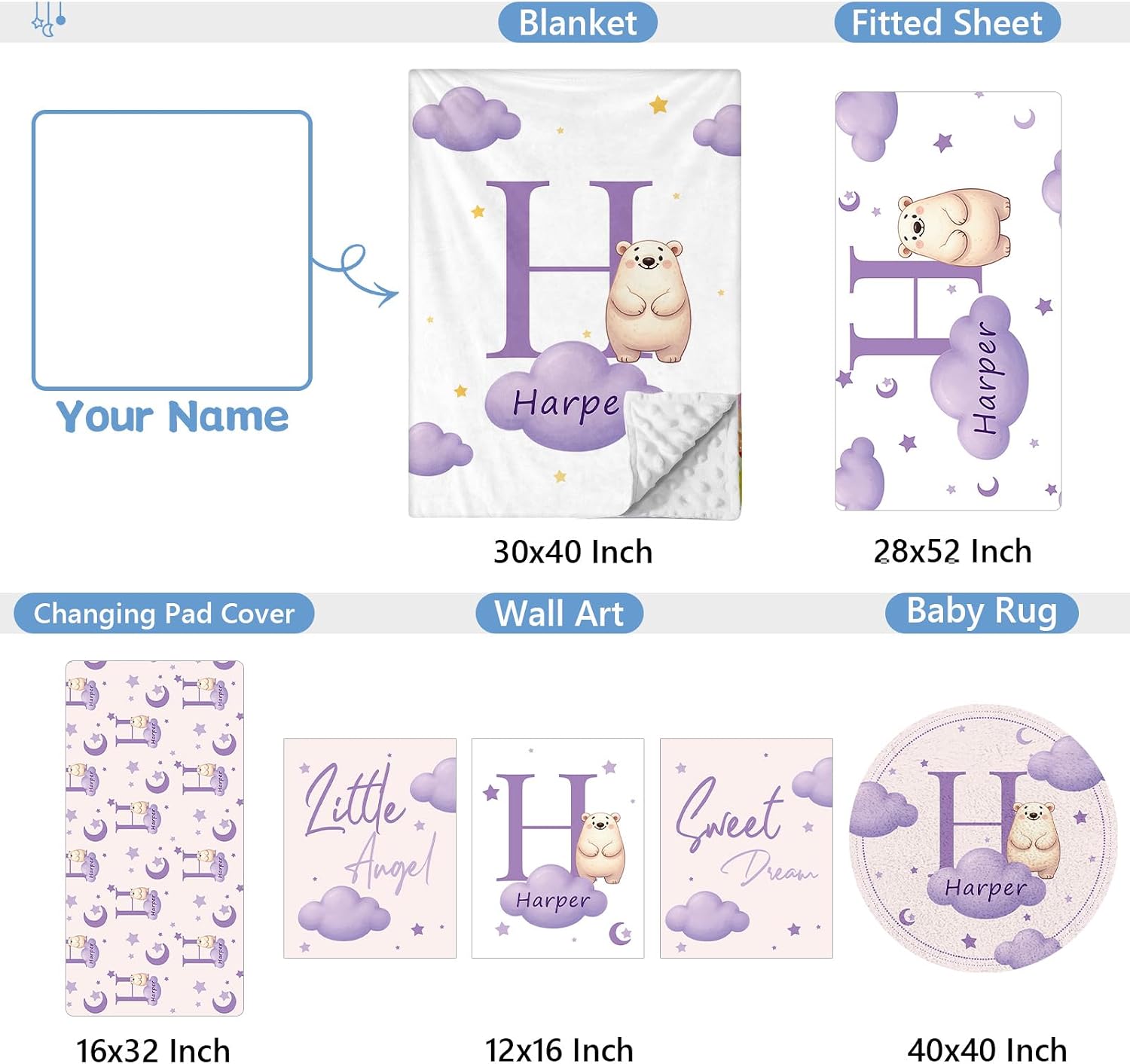 KAINSY Custom Crib Bedding Set, 5 Pcs Personalized Name Monogram Baby Crib Sets for Infants Toddlers, Purple Bear Nursery Bedding Set for Boys Girls, Soft Flannel Baby Bedding Sets Customized Gifts