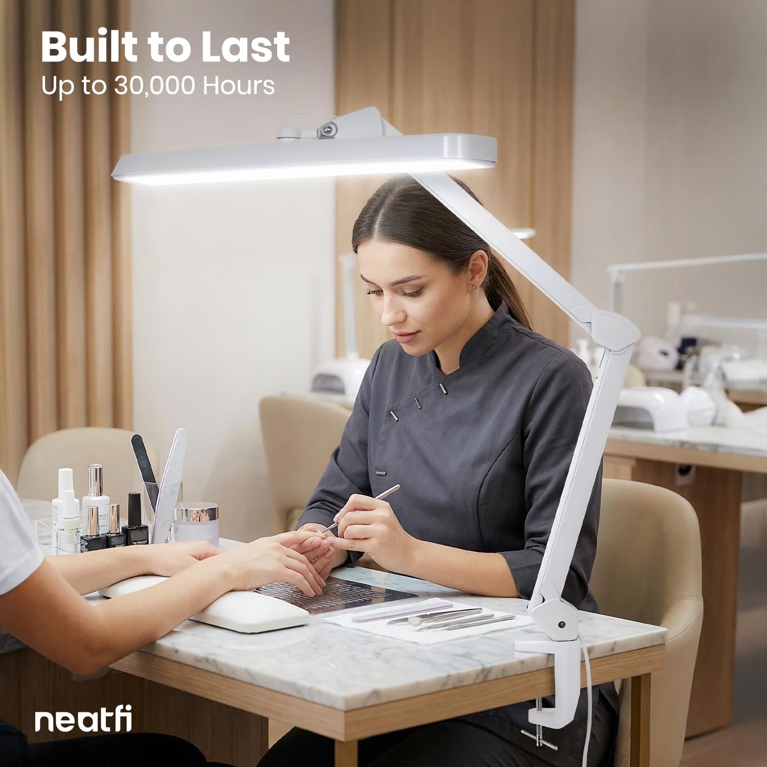 Neatfi XL 2,500 Lumens 30W LED Task Lamp for Manicure Table, Crafts, Workbench, Office – 22' Wide Shade Desk Light | Eye-Caring 6500K | 4-Level Brightness (White, Non-CCT with Clamp)
