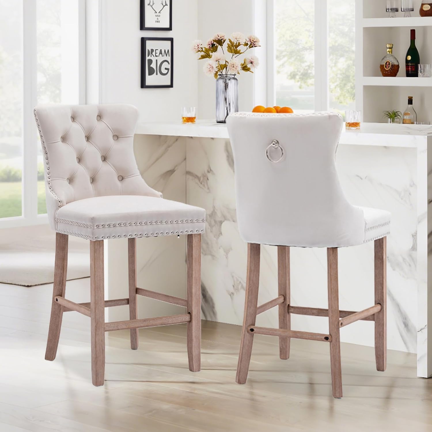 Elegant Velvet Bar Stools Set of 2,Delicate Upholstered Counter Height Barstool with Backrest,Wooden Legs Design for Kitchen Islands & Pubs（ Beige ）