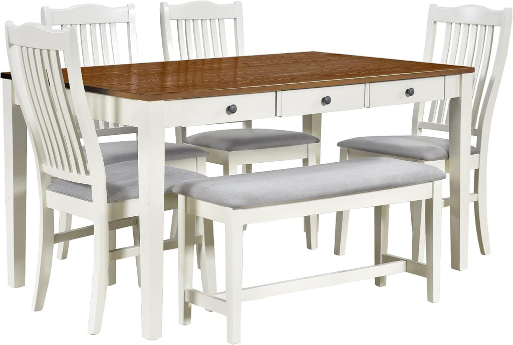 Compact 6-Piece Dining Table Set, Solid Wood Kitchen Dining Room Table Set with 4 Padded Ergonomic Chairs & Bench, 60'' Rectangular Table with Storage Drawer, Space-Saving Design (Grey-P)