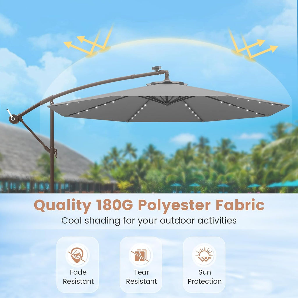 Tangkula 10FT Offset Patio Umbrella with Base Included, Outdoor Cantilever Umbrella with 40 Solar LED Lights, Tilt Adjustment, Crank Handle, Vented Top, Sand Bags for Pool Yard Deck (Gray)