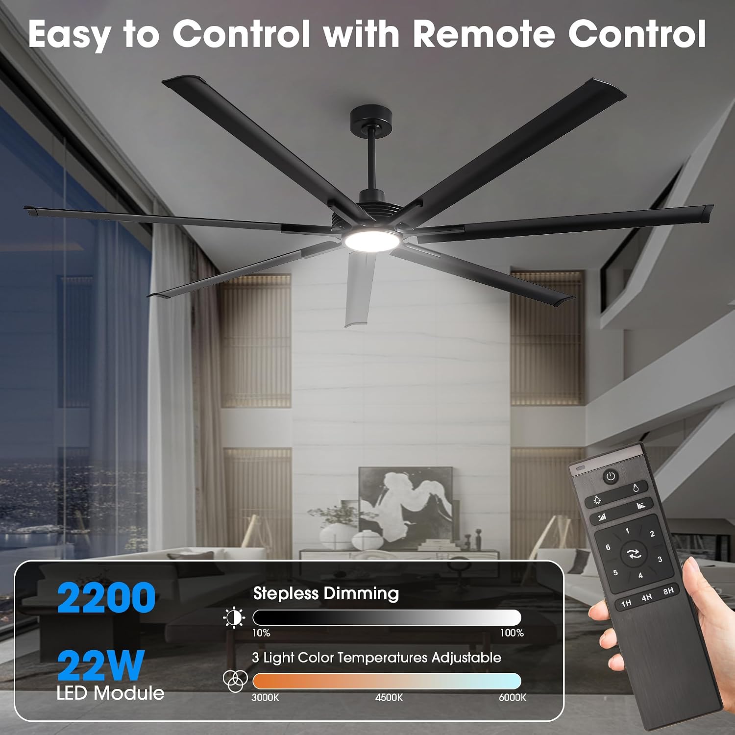 120 Inch Ceiling Fans with Lights and Remote, Industrial Black Large Ceiling Fan with LED Light, High CFM Reversible DC Motor Ceiling Fan for Shop Warehouse Gym Living Room, Dimmable & 3CCT