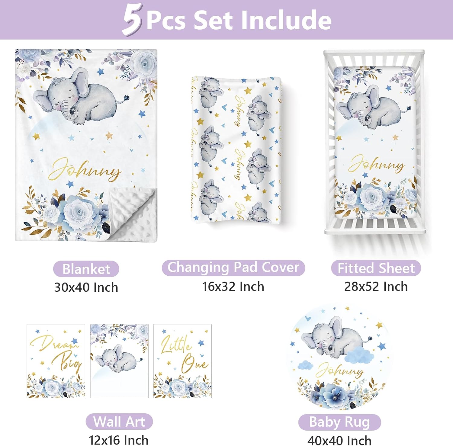 Personalized Baby Crib Bedding Set, 5 Pcs Custom Name Nursery Bedding Set for Girls Boys, Blue Elephant Baby Crib Set for Toddlers Infants, Double Layer Bedding Crib Sets Customized Gifts