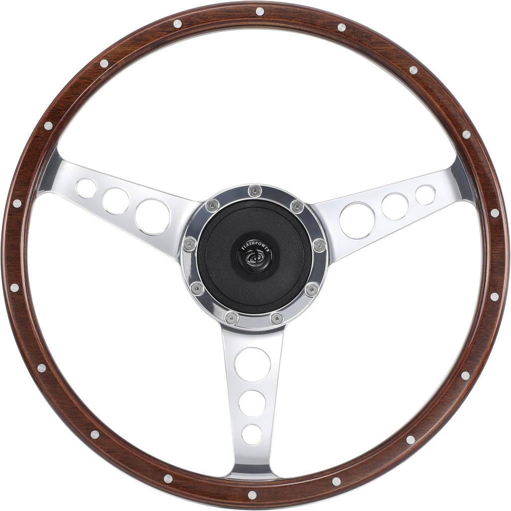 14'' Classic wooden steering wheel Custom Mustang Shelby AC Cobra 18 Rivets with Horn Button