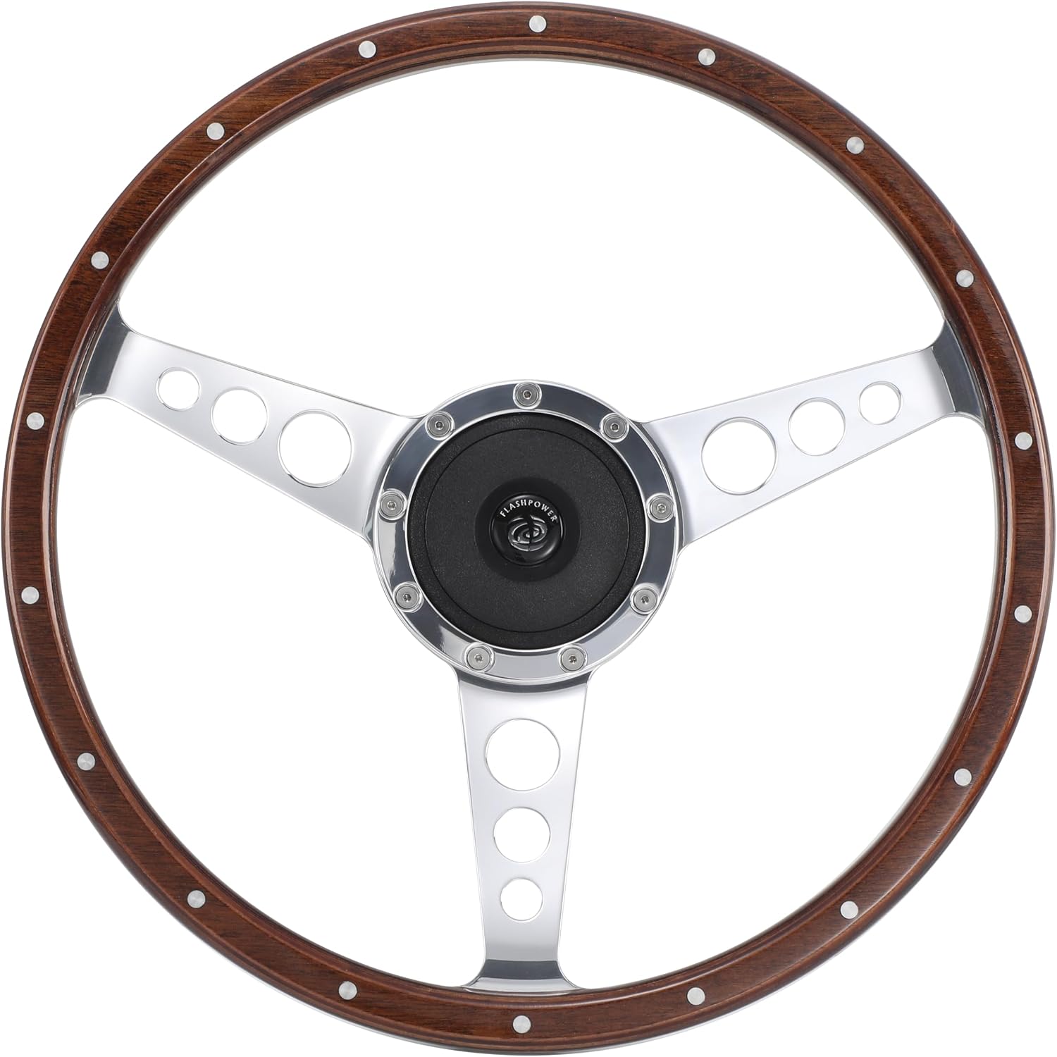 14'' Classic wooden steering wheel Custom Mustang Shelby AC Cobra 18 Rivets with Horn Button