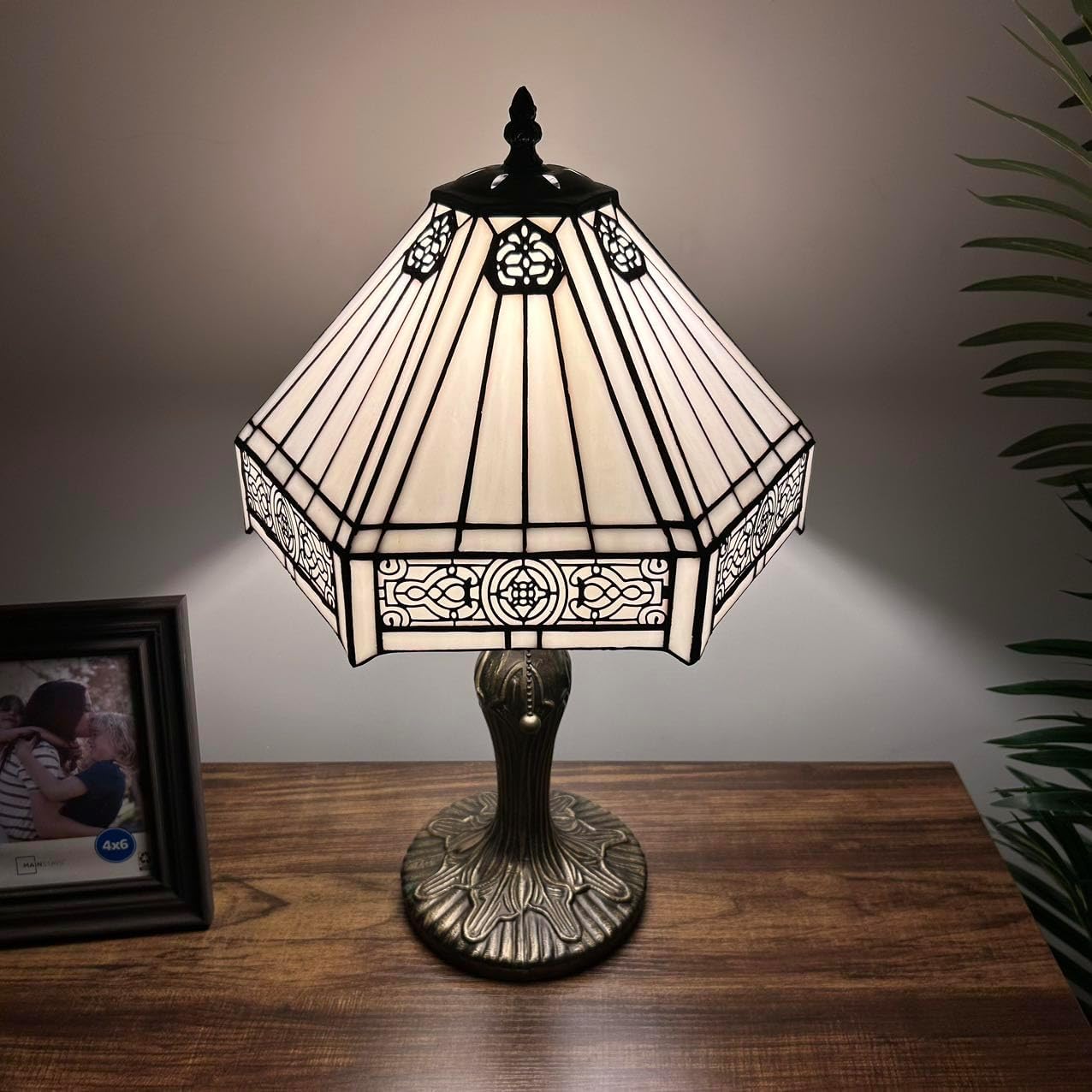 Tiffany Table Lamp White Stained Glass Hexagon LED Bulb Included for Living Room Bedroom Bedside 12'W*12' D*19' H