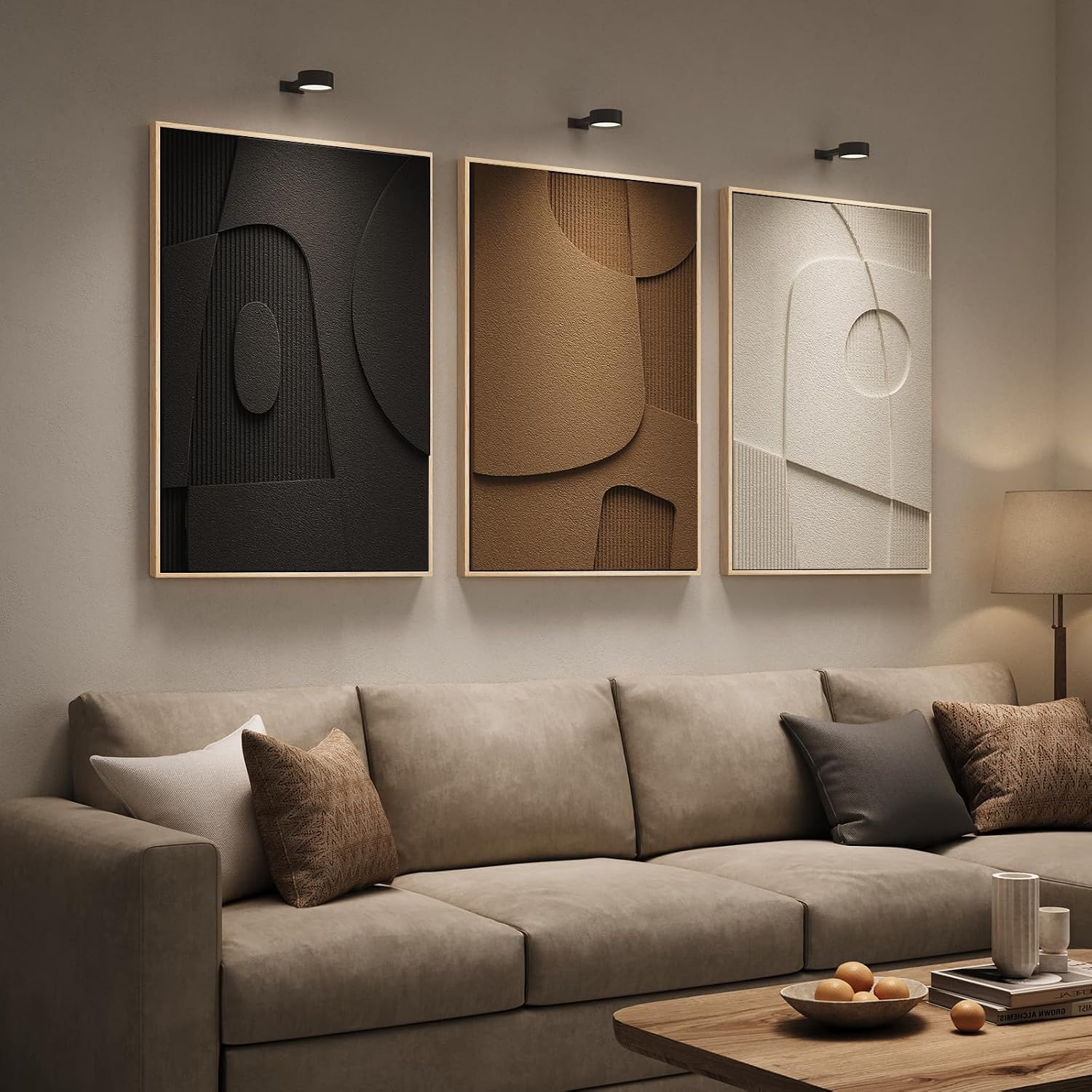 Large 3D Textured Framed Neutral Abstract Wall Art for Living Room, 3 Piece Modern Geometric Paintings Artwork for Walls, Minimalist Black White Brown Pictures for Bedroom Hallway Office Wall Decor, 24x36 In