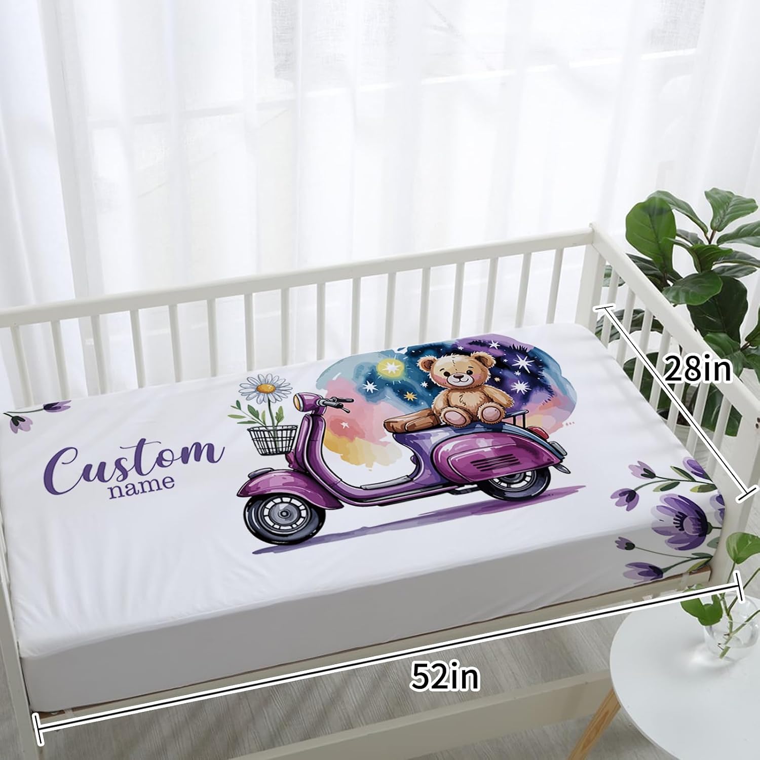 Personalized Crib Bedding Set for Girls, Custom Name Baby Crib Sets 5-Pcs Include Toddler Double Layer Blanket Fitted Sheet Changing Pad Cover Rug Wall Art Set, Electric Bicycles Pattern Nursery Décor