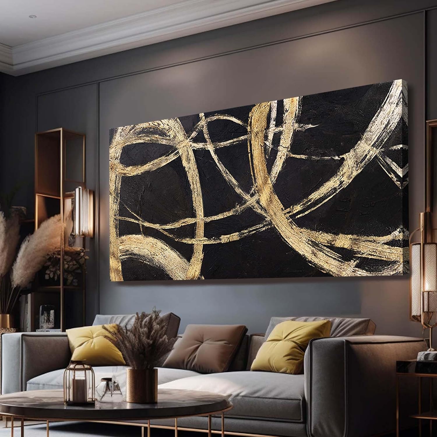 VAYIMDH Black And Gold Pictures for Living Room Black Wall Decor Minimalist Wall Decorations Abstract Wall Paintings 29'x 58' for Office