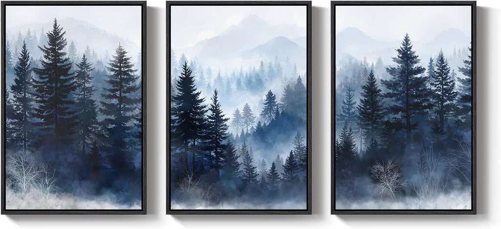 Framed Blue Forest Mountain Wall Art for Living Room, Misty Pine Tree Nature Landscape Canvas Artwork for Walls, Neutral Foggy Forest Scenic Painting Prints for Bedroom Office Wall Decor, 24x36 Inch