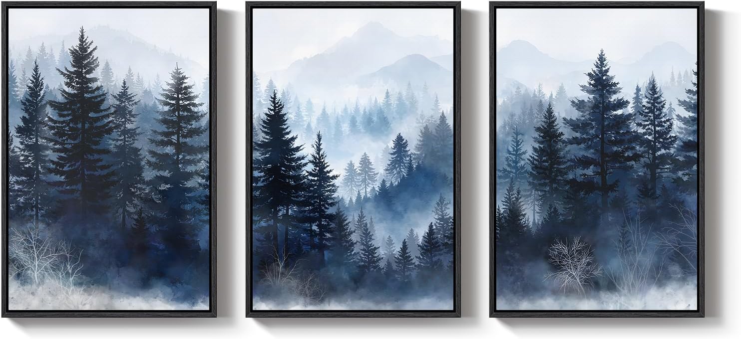 Framed Blue Forest Mountain Wall Art for Living Room, Misty Pine Tree Nature Landscape Canvas Artwork for Walls, Neutral Foggy Forest Scenic Painting Prints for Bedroom Office Wall Decor, 24x36 Inch