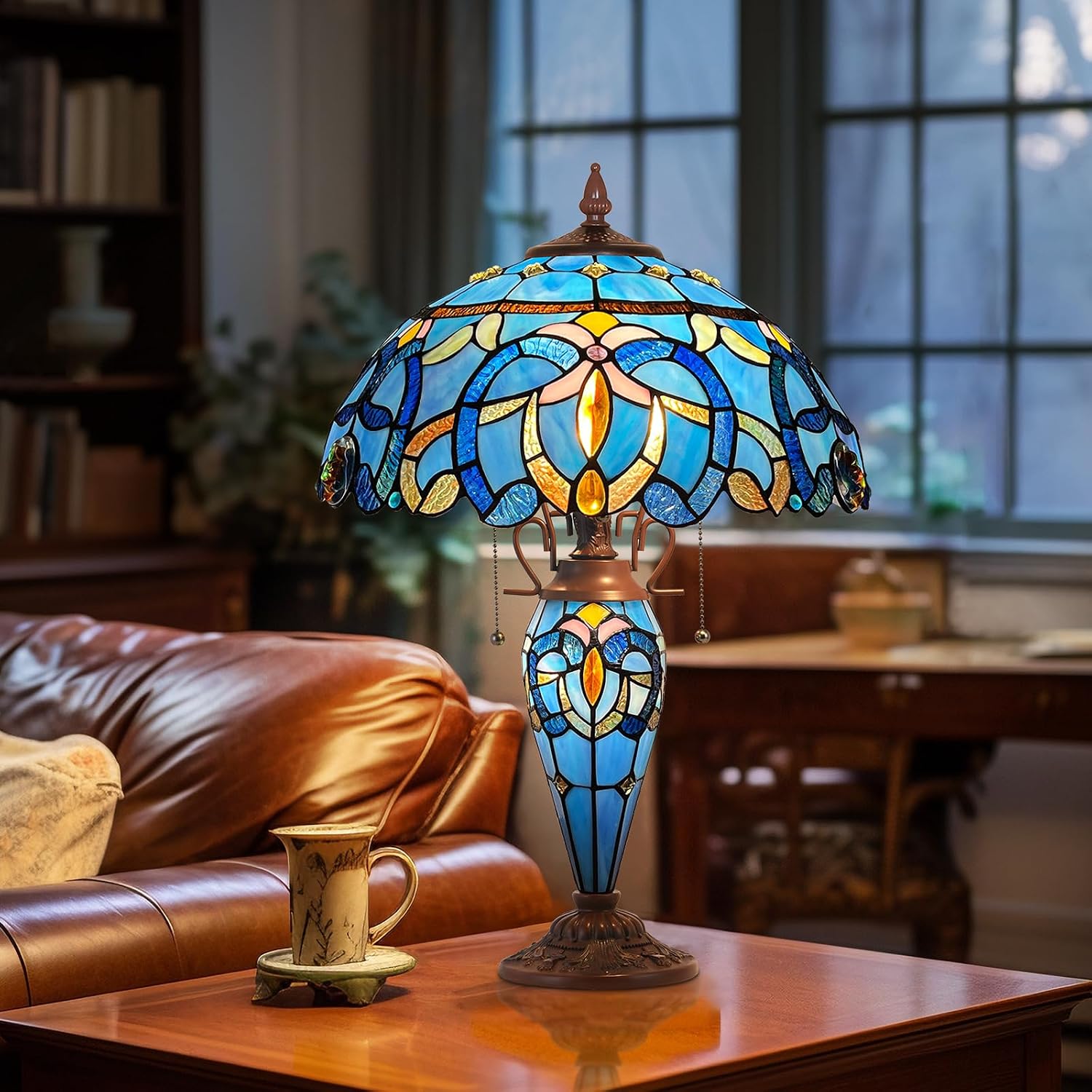 Capulina Tiffany Lamp Stained Glass Table Lamp 3-Light 16x16x24 Inches Blue Brown Style Mother-Daughter Vase Desk Lamp for Bedrooms Living Room Study Home Office