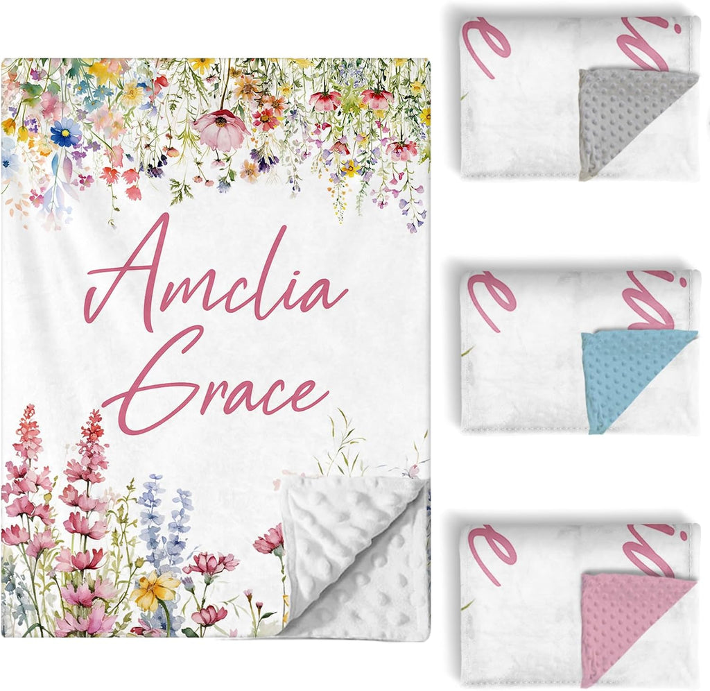 Custom Baby Crib Bedding Set, 5 PCS Personalized Name Baby Crib Sets for Girls Boys, Flower Theme Nursery Bedding Sets for Infant Toddler, Double Layer Flannel Bed Set Customized Gifts