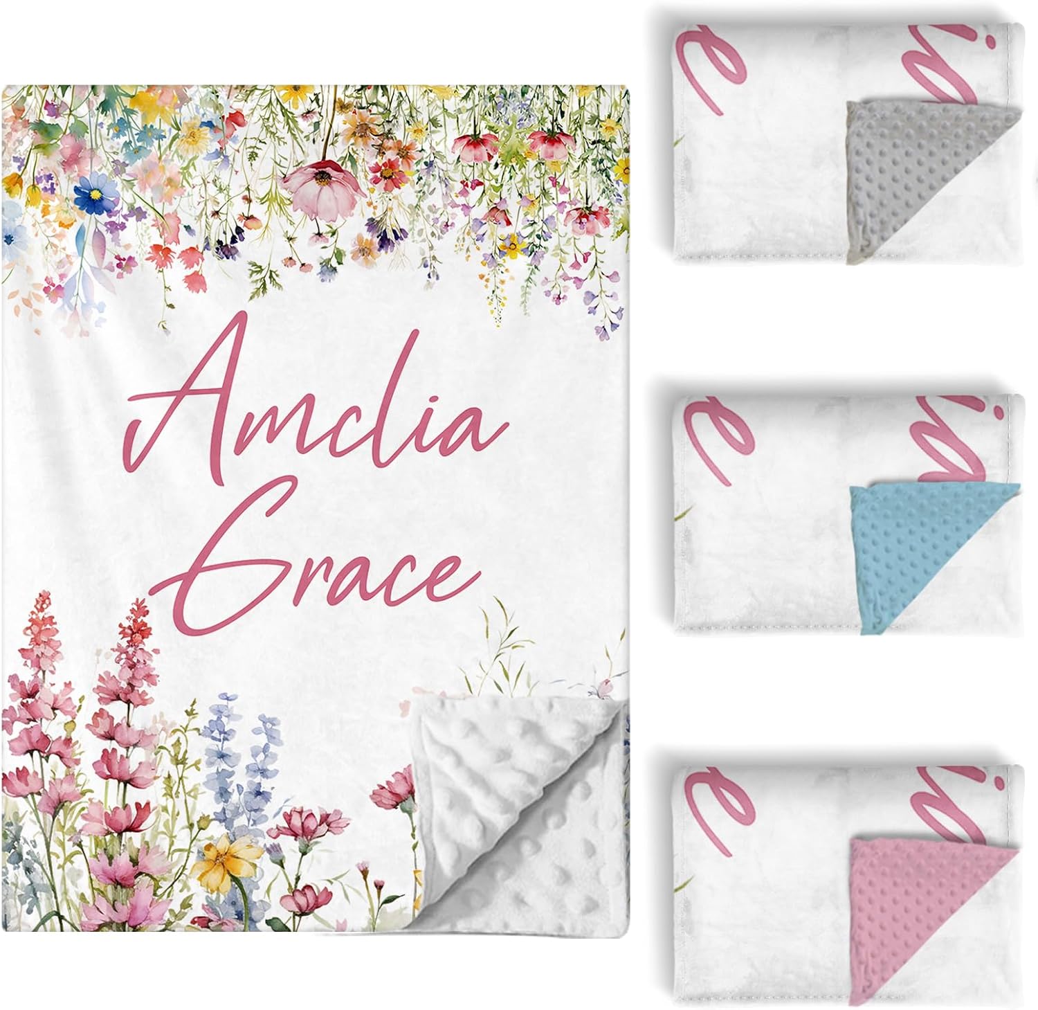 Custom Baby Crib Bedding Set, 5 PCS Personalized Name Baby Crib Sets for Girls Boys, Flower Theme Nursery Bedding Sets for Infant Toddler, Double Layer Flannel Bed Set Customized Gifts