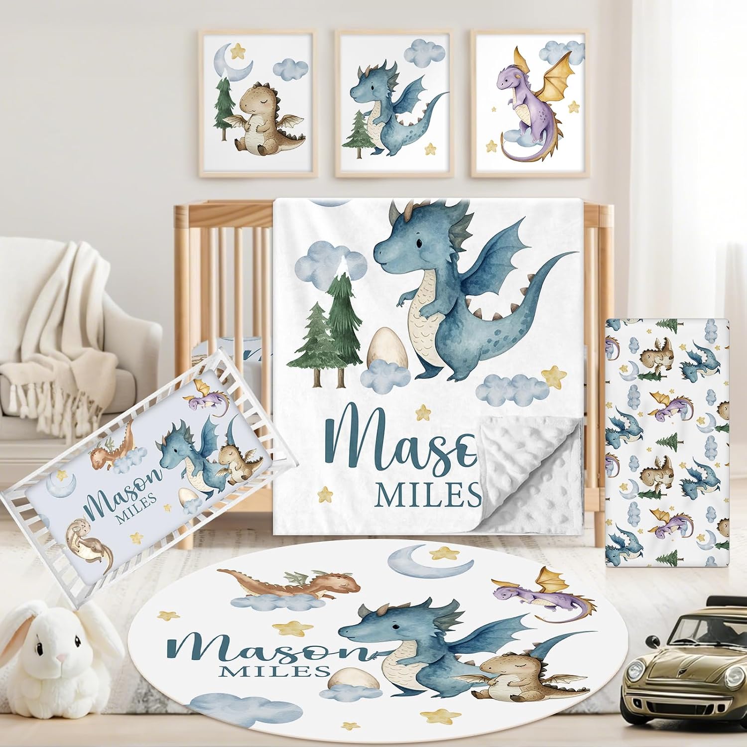 Personalized Baby Crib Bedding Set, 5 Pcs Custom Name Nursery Bedding Set for Girls Boys, Dinosaur Baby Crib Set for Toddlers Infants, Double Layer Bedding Crib Sets Customized Gifts