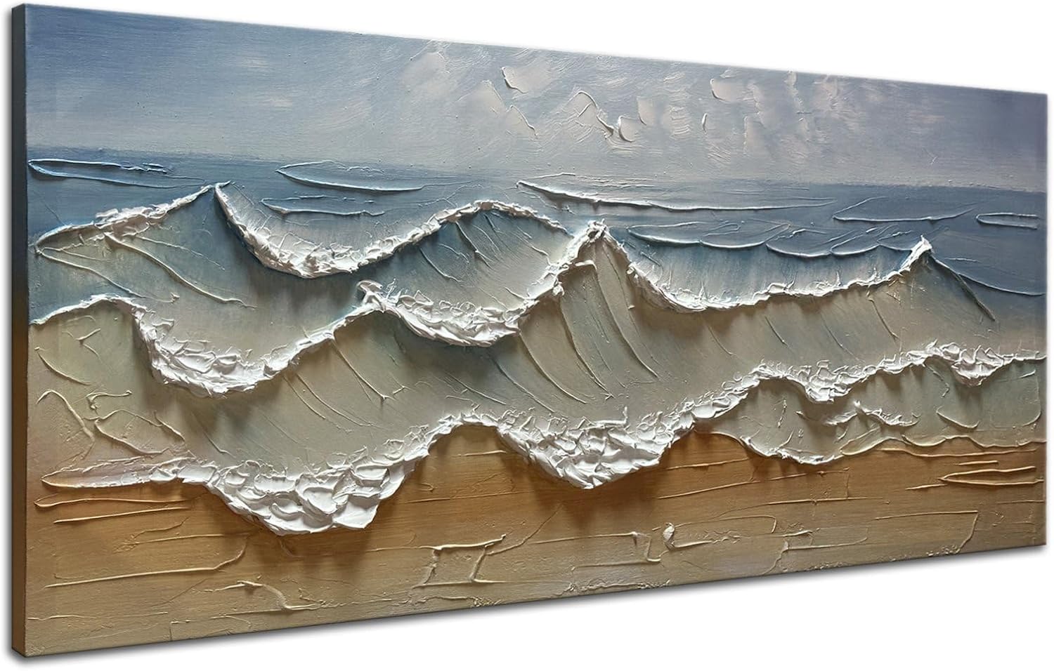 Slyart Abstract Blue Ocean Wave Wall Art, Textured Oil Painting on Canvas Relief Wall Art, 24' x 48' Abstract Modern Sea Artwork Wall, Neutral Wall Decor