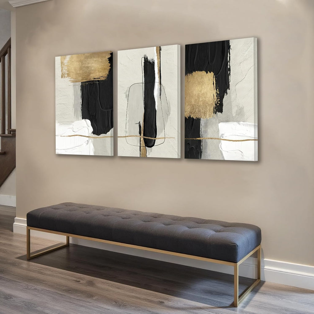 DUWQU 3 Pieces Large Black and Gold Abstract Canvas Wall Art, Modern Black Gold and White Art Wall Decor, Minimalist Grey Beige Block Prints for Living Room Bedroom Office Home Decorations 20×30 Inches