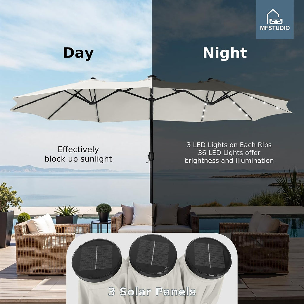 MFSTUDIO 15ft Double Sided Patio Umbrella with Solar Lights, Outdoor Large Umbrellas with Crank Handle and 36 LED Lights, Rectangular Market Umbrella with Base Included for Deck Pool Shade, Ivory