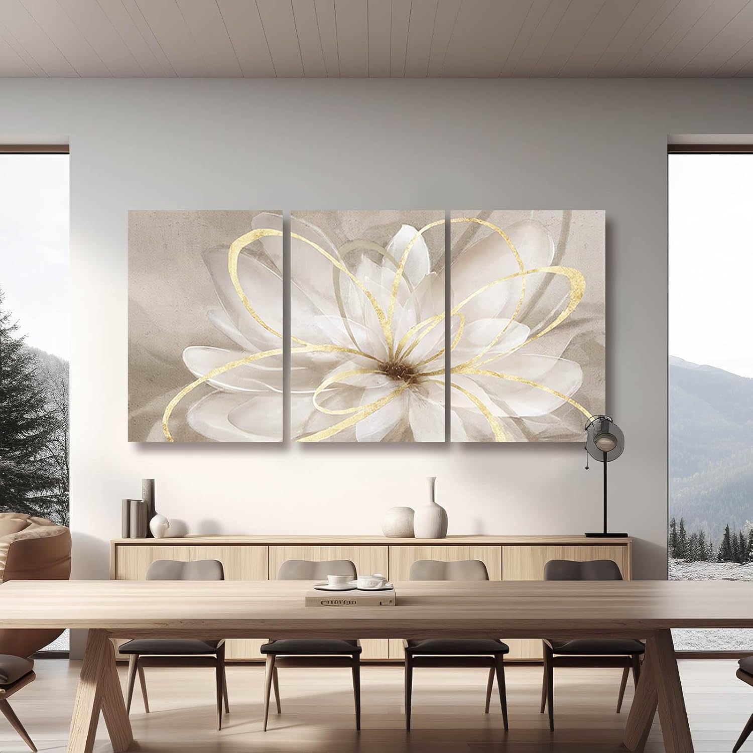 Kureful Gold Wall Art Pictures for Bedroom Flowers Wall Decor Floral Posters Art 3 Piece Wall Decorations Minimalist Decor for Walls 20'x 26'x 3