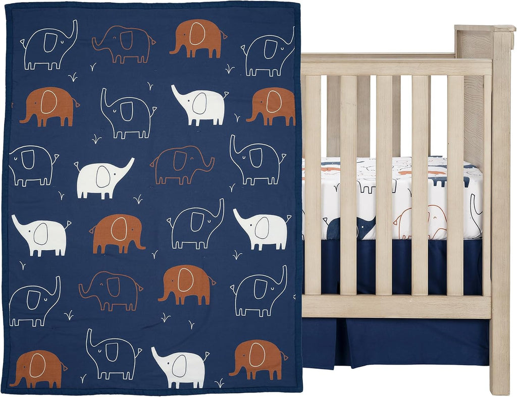 Lambs & Ivy Playful Elephant Blue/White Cotton 3-Piece Baby Crib Bedding Set
