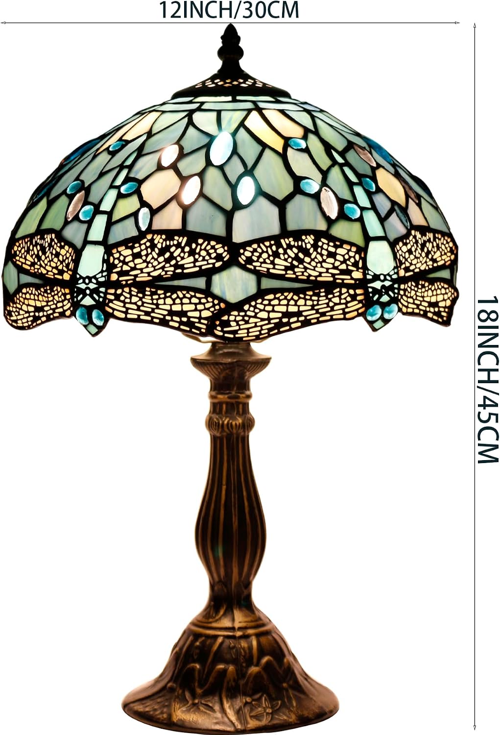 WERFACTORY Tiffany Lamp Sea Blue Stained Glass Table Lamp 12X12X18 Inches Dragonfly Style Desk Reading Light S147 Series