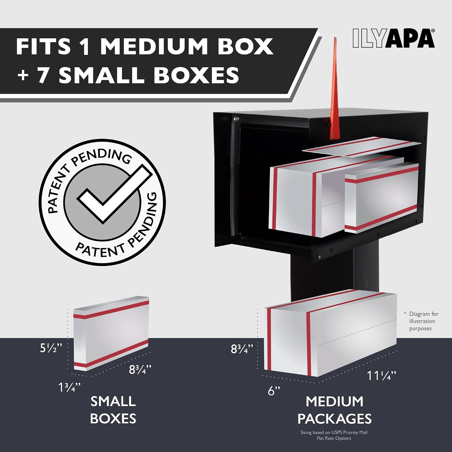 Ilyapa Modern Black Post Mount Mailbox with Gray Door & Waterproof Steel; Includes Heavy-Duty 43' Mailbox Post Sleeve with Universal Mounting Brackets for Parcels & Mail