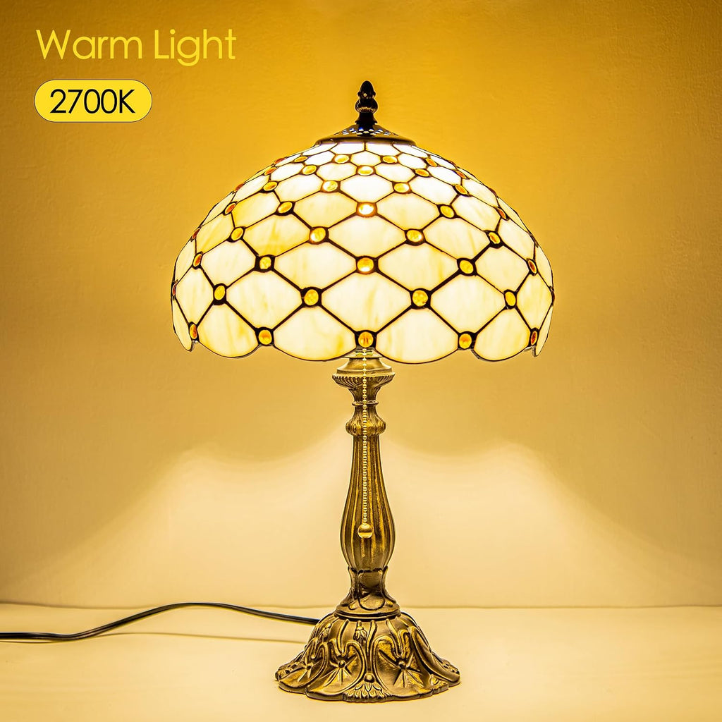 Tiffany Style Table Lamp, Amber White Bead Pearls Stained Glass Lamp with Antique Bronze Resin Base for Reading, Study, Bedside, Bedroom, Living Room, Office 12X12X19 Inch
