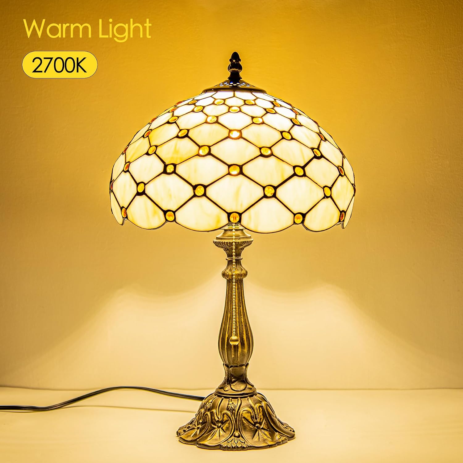 Tiffany Style Table Lamp, Amber White Bead Pearls Stained Glass Lamp with Antique Bronze Resin Base for Reading, Study, Bedside, Bedroom, Living Room, Office 12X12X19 Inch