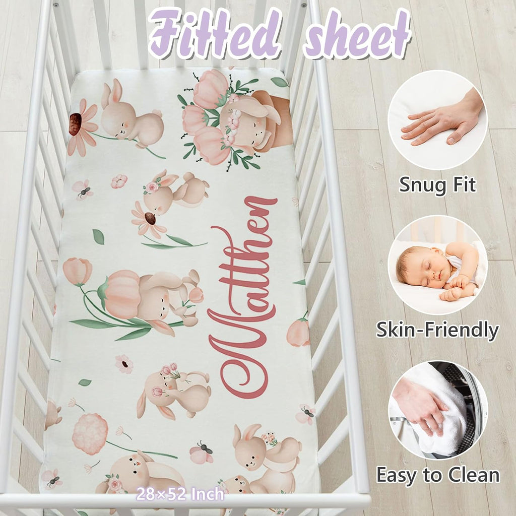 Custom Baby Crib Bedding Set, 5 PCS Personalized Name Baby Crib Sets for Girls Boys, Cute Rabbit Theme Nursery Bedding Sets for Infant Toddler, Double Layer Flannel Bed Set Customized Gifts
