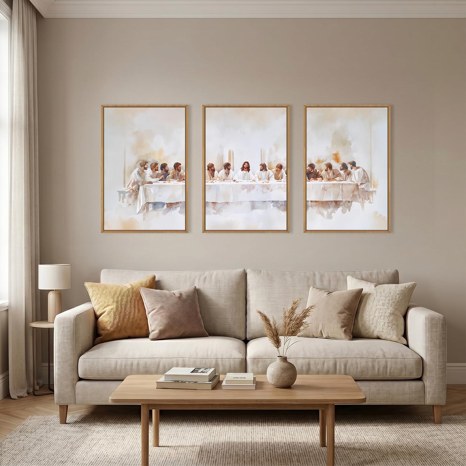 KAIRNE Jesus Last Supper Framed Canvas Wall Art Set, Christian Twelve Apostle Wall Decor, Bible Renaissance wall Painting, Religious Picture Art Print for Living Room, Bedroom, Church-24 x36 x3