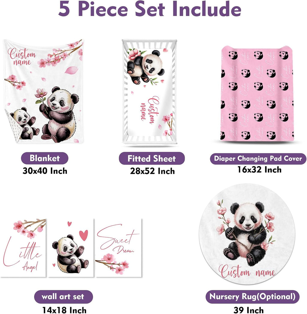 Personalized Crib Bedding Set for Baby Girls, Custom Name Baby Crib Sets 5-Pcs Include Toddler Double Layer Blanket Fitted Sheet Changing Pad Cover Rug Wall Art Set, Pink Panda Pattern Nursery Décor