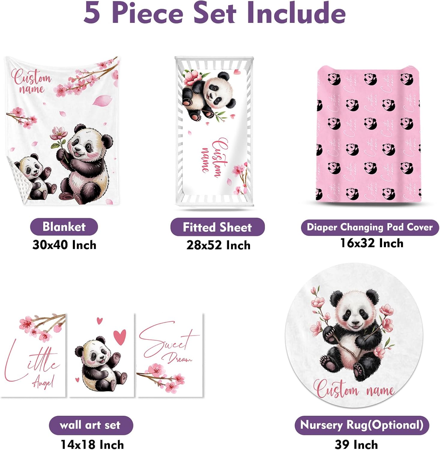 Personalized Crib Bedding Set for Baby Girls, Custom Name Baby Crib Sets 5-Pcs Include Toddler Double Layer Blanket Fitted Sheet Changing Pad Cover Rug Wall Art Set, Pink Panda Pattern Nursery Décor