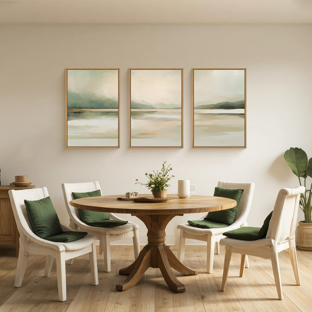 Large Abstract Sage Green Pastel Framed Canvas Wall Art Set,Minimalist Neutral Landscape Wall Decor,Modern Watercolor Mountain Lake Artwork for Living Room,Bedroom-24 x36 x3