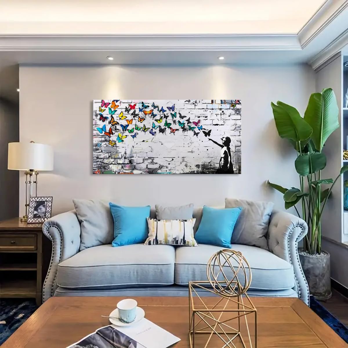 Colorful Graffiti Wall Art Funny Butterfly Paintings Banksy Street Art Mural Pop Art Home Office Wall Decor Framed Canvas Wall Decor for Living Room Ready to Hang -58x28in