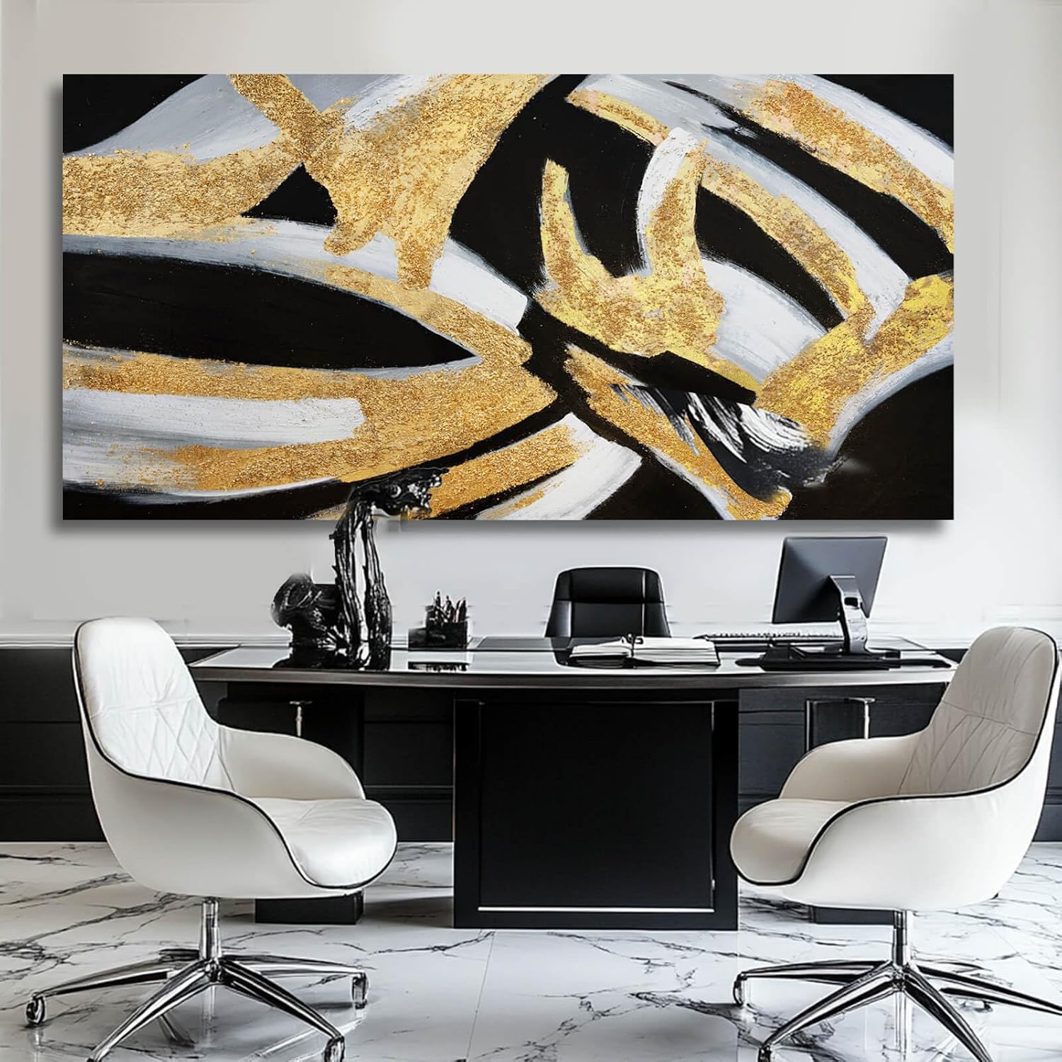Kureful Line Wall Decor Black and Gold Canvas Art Large Dining Room Wall Pictures 29'x58' Wall Decorations for Living Room Textured Artwork