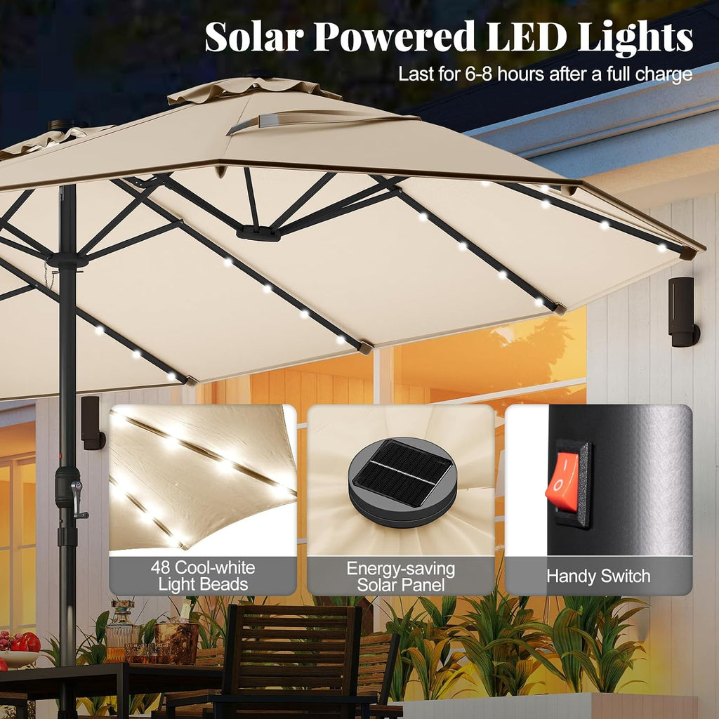Tangkula 15FT Double-Sided Solar Patio Umbrella, Extra-Large Outdoor Twin Umbrella with 48 LED Lights, Vented Top, Crank Handle, 12 Ribs, Weighted Base Included for Backyard Poolside Deck (Beige)